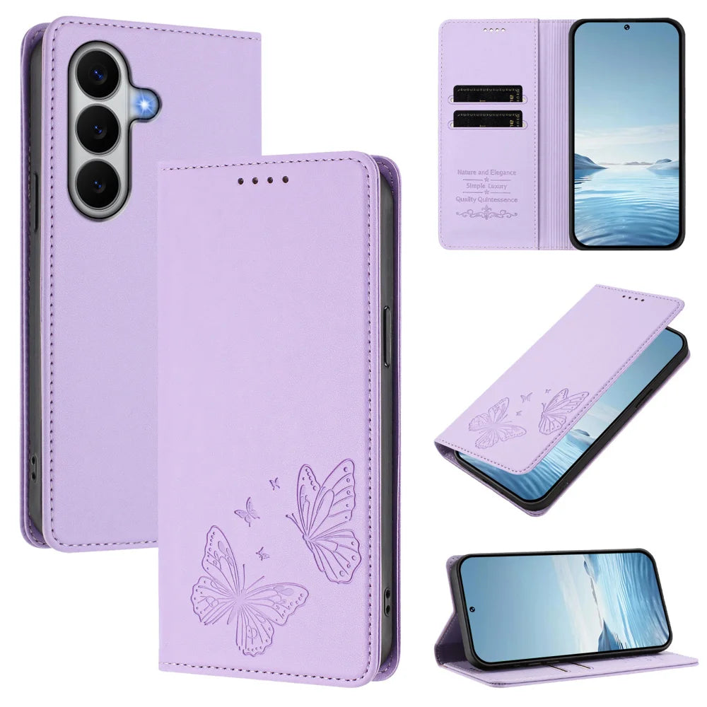 For Samsung Galaxy A27 5G Wallet Case RFID Blocking Butterfly Imprinted Magnetic Flip Leather Cover - Light Purple - 2