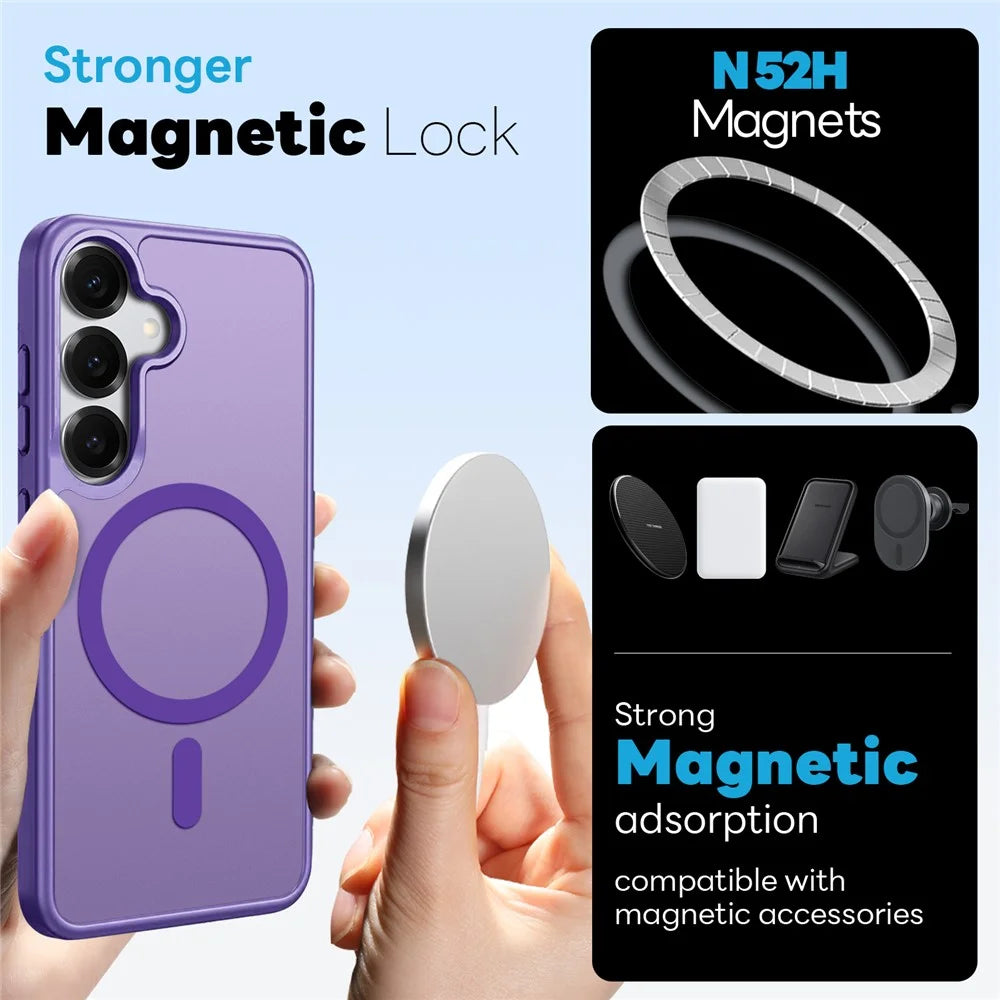 NORTHJO For Samsung Galaxy S25 Magnetic Case Translucent Matte Shockproof Phone Cover Set with Front Screen Protector + Lens Film - Purple - 2