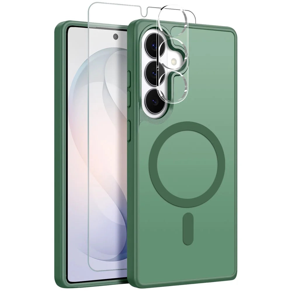 NORTHJO For Samsung Galaxy S26+ Magnetic Case Translucent Matte Shockproof Phone Cover Set with Front Screen Protector + Lens Film - Green - 1