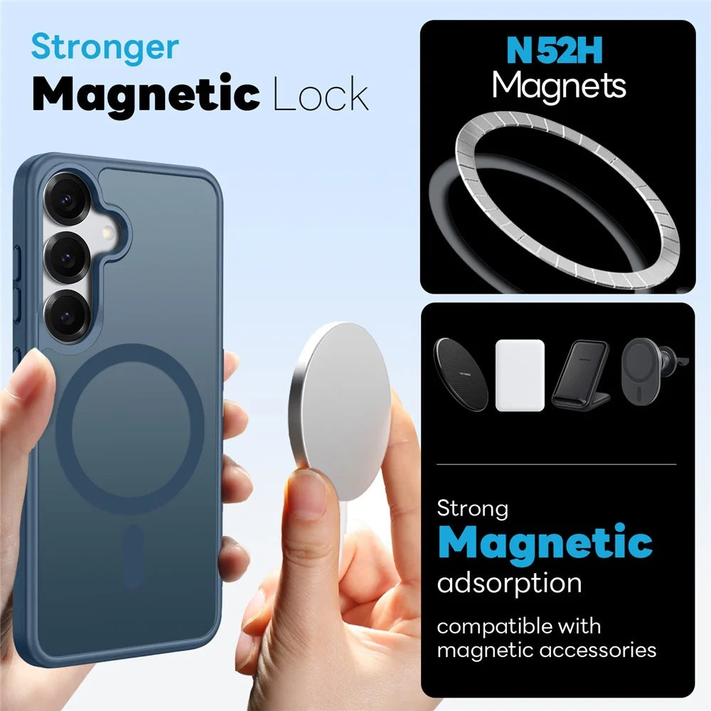 NORTHJO 5 in 1 Set for Samsung Galaxy S24 Magnetic Case Translucent Matte Shockproof Phone Cover with 2Pcs Front Screen Protector + 2Pcs Lens Film - Blue - 2