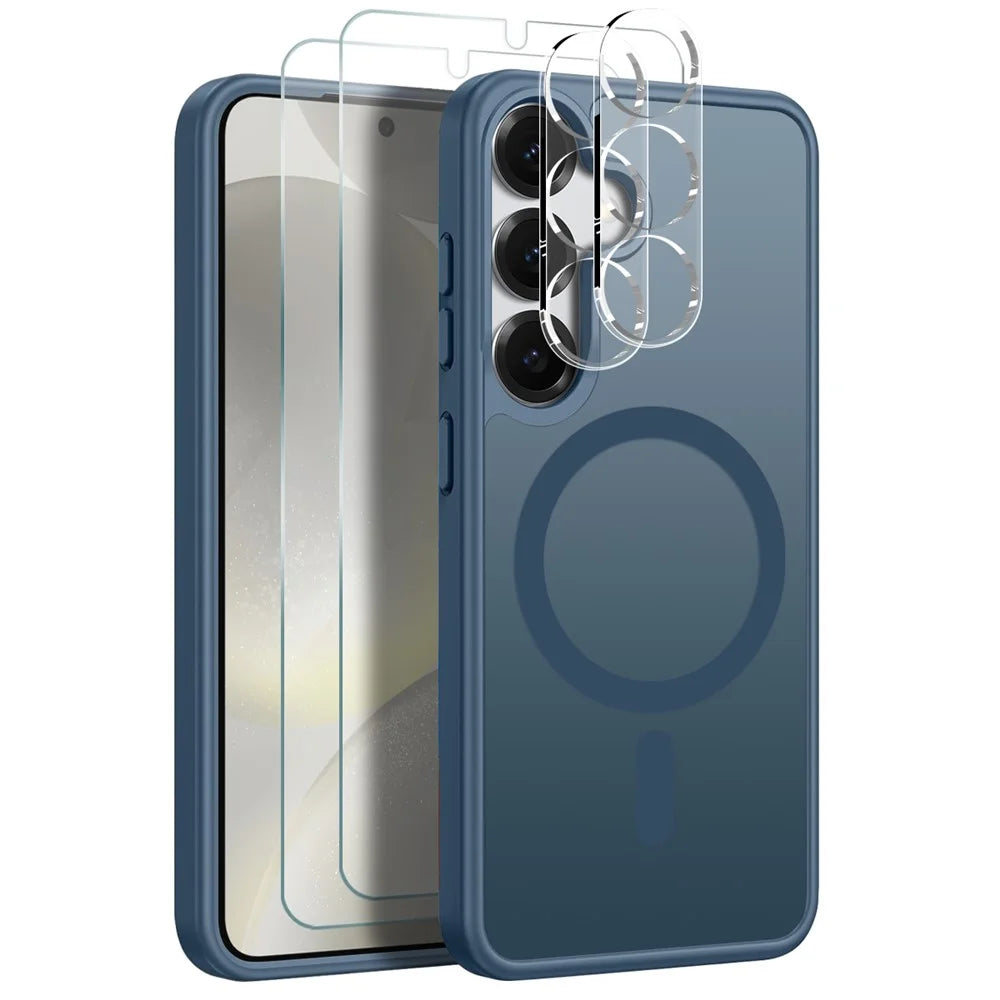 NORTHJO 5 in 1 Set for Samsung Galaxy S24+ Magnetic Case Translucent Matte Shockproof Phone Cover with 2Pcs Front Screen Protector + 2Pcs Lens Film - Blue - 1