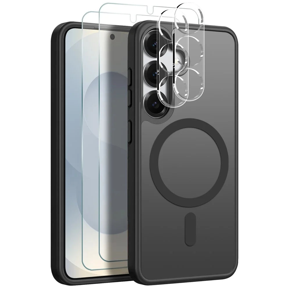 NORTHJO 5 in 1 Set for Samsung Galaxy S25+ Magnetic Case Translucent Matte Shockproof Phone Cover with 2Pcs Front Screen Protector + 2Pcs Lens Film - Black - 1