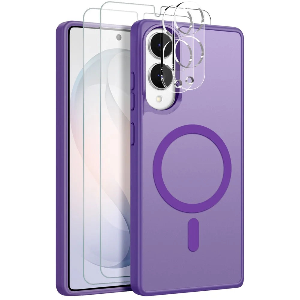 NORTHJO 5 in 1 Set for Samsung Galaxy S25 Edge Magnetic Case Translucent Matte Shockproof Phone Cover with 2Pcs Front Screen Protector + 2Pcs Lens Film - Purple - 1