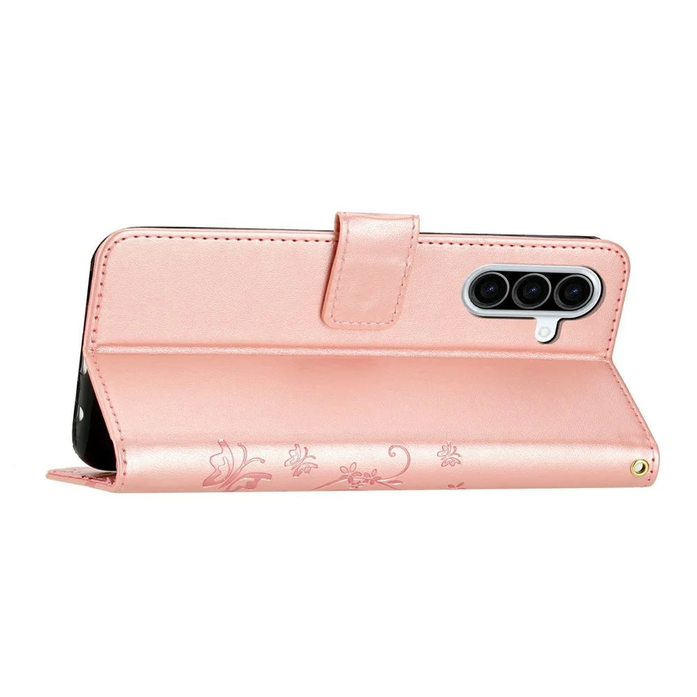 For Samsung Galaxy A27 5G Leather Wallet Case Butterfly Flower Imprinted Phone Cover with Strap - Rose Gold - 3