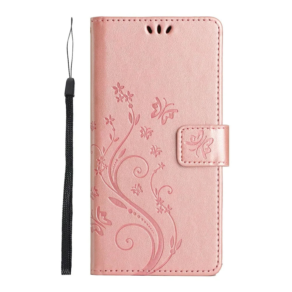 For Samsung Galaxy A27 5G Leather Wallet Case Butterfly Flower Imprinted Phone Cover with Strap - Rose Gold - 6