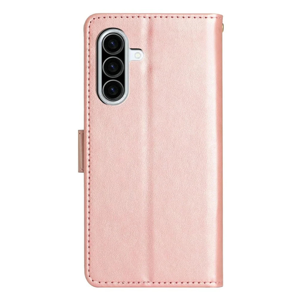 For Samsung Galaxy A27 5G Leather Wallet Case Butterfly Flower Imprinted Phone Cover with Strap - Rose Gold - 7