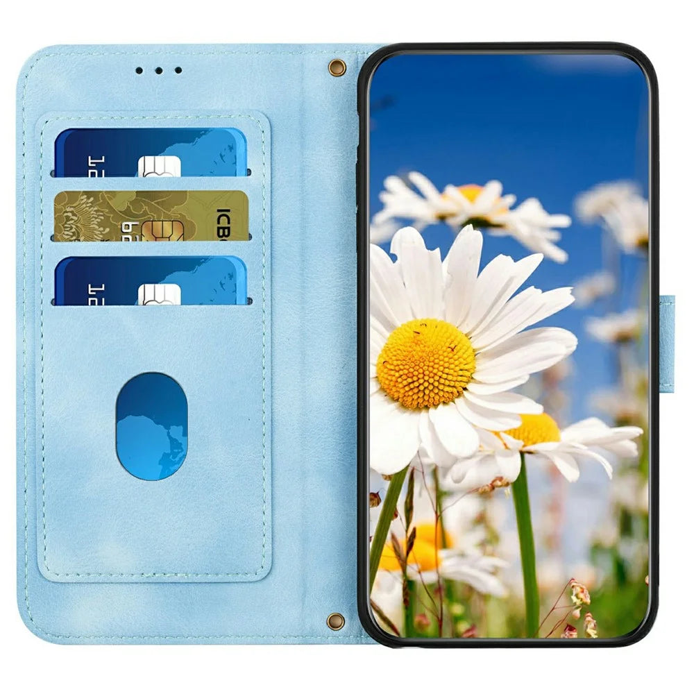 For Google Pixel 11 Pro XL Case PU Leather Floral Phone Cover with Card Slots and Wrist Strap - Baby Blue - 2