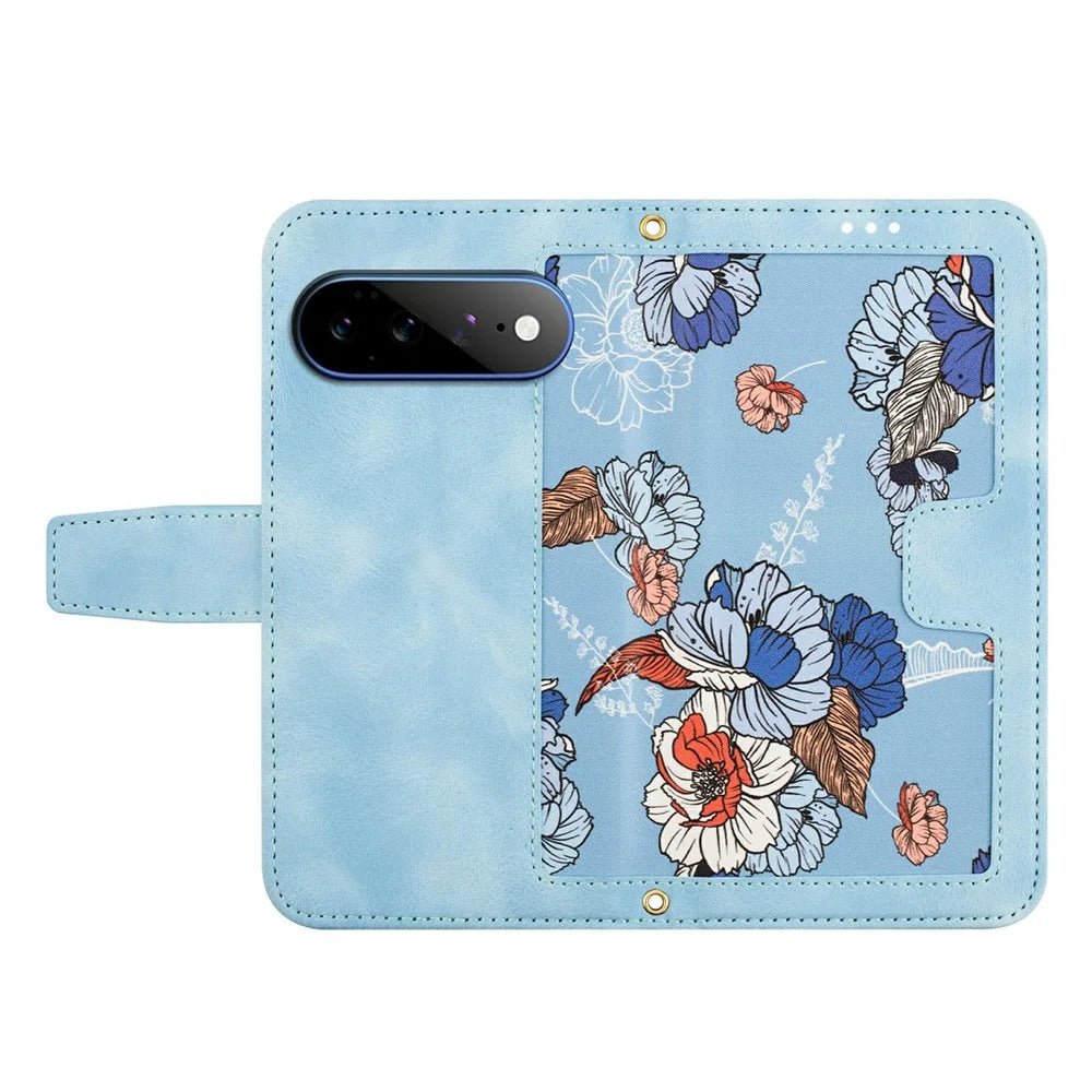For Google Pixel 11 Pro XL Case PU Leather Floral Phone Cover with Card Slots and Wrist Strap - Baby Blue - 5