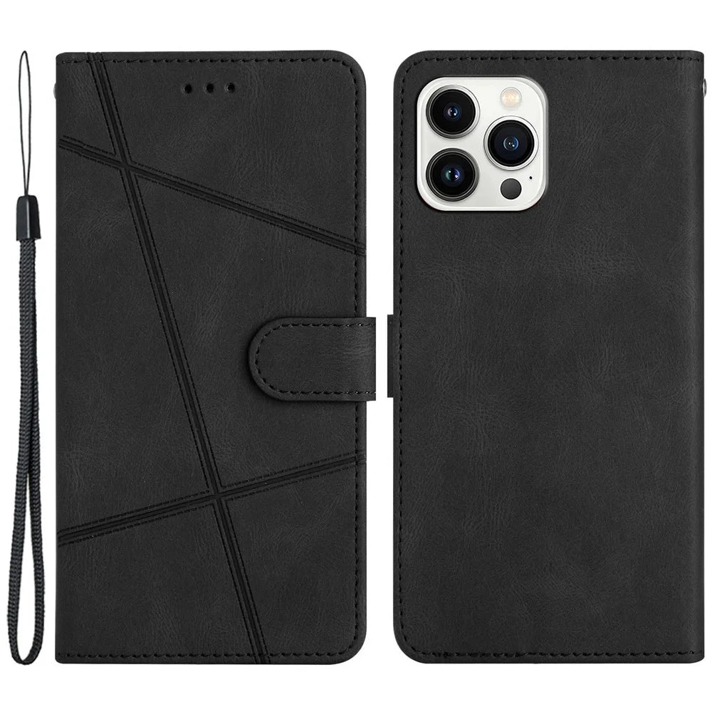 Wallet Phone Case for iPhone 13 Pro 6.1 inch Lines Imprinted Anti-Drop Stand Case Crazy Horse Texture PU Leather Cover with Strap - Black - 1