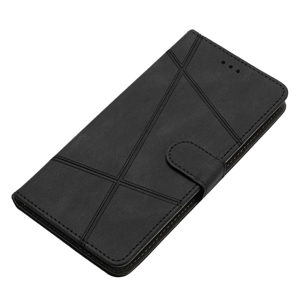 Wallet Phone Case for iPhone 13 Pro 6.1 inch Lines Imprinted Anti-Drop Stand Case Crazy Horse Texture PU Leather Cover with Strap - Black - 5