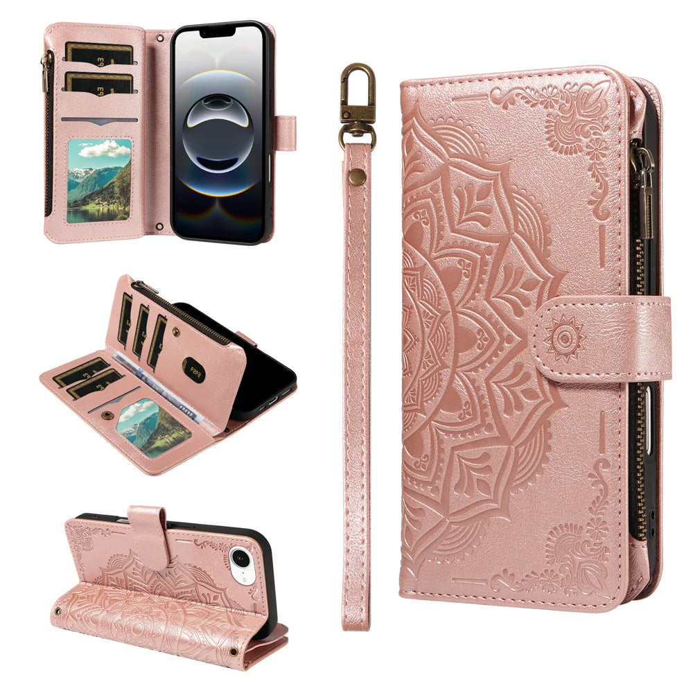 For iPhone 16e / iPhone 17e Wallet Case 9 Card Slots RFID Blocking Mandala Embossed Leather Flip Cover with Wrist Strap - Rose Gold - 2