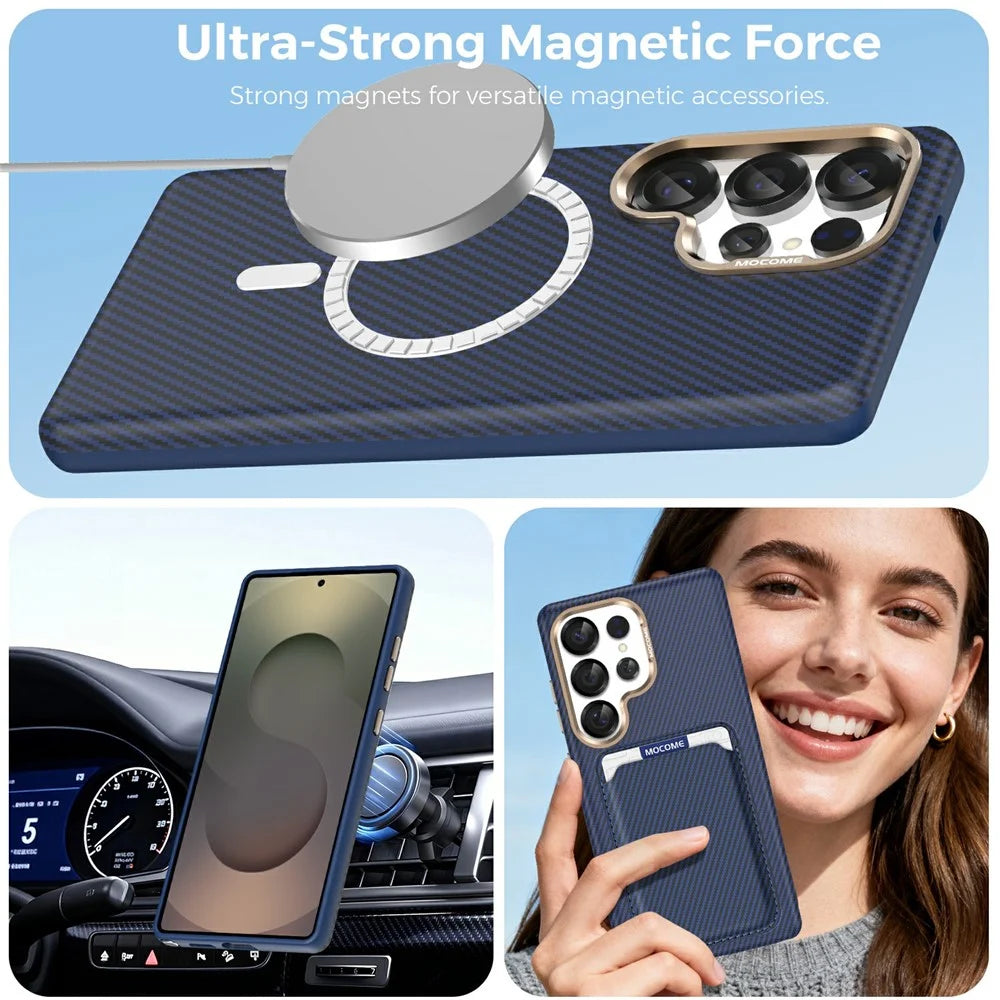 For Samsung Galaxy S25 Ultra Magnetic Case Carbon Fiber Texture Leather Back Phone Cover with Detachable Card Holder - Sapphire - 5