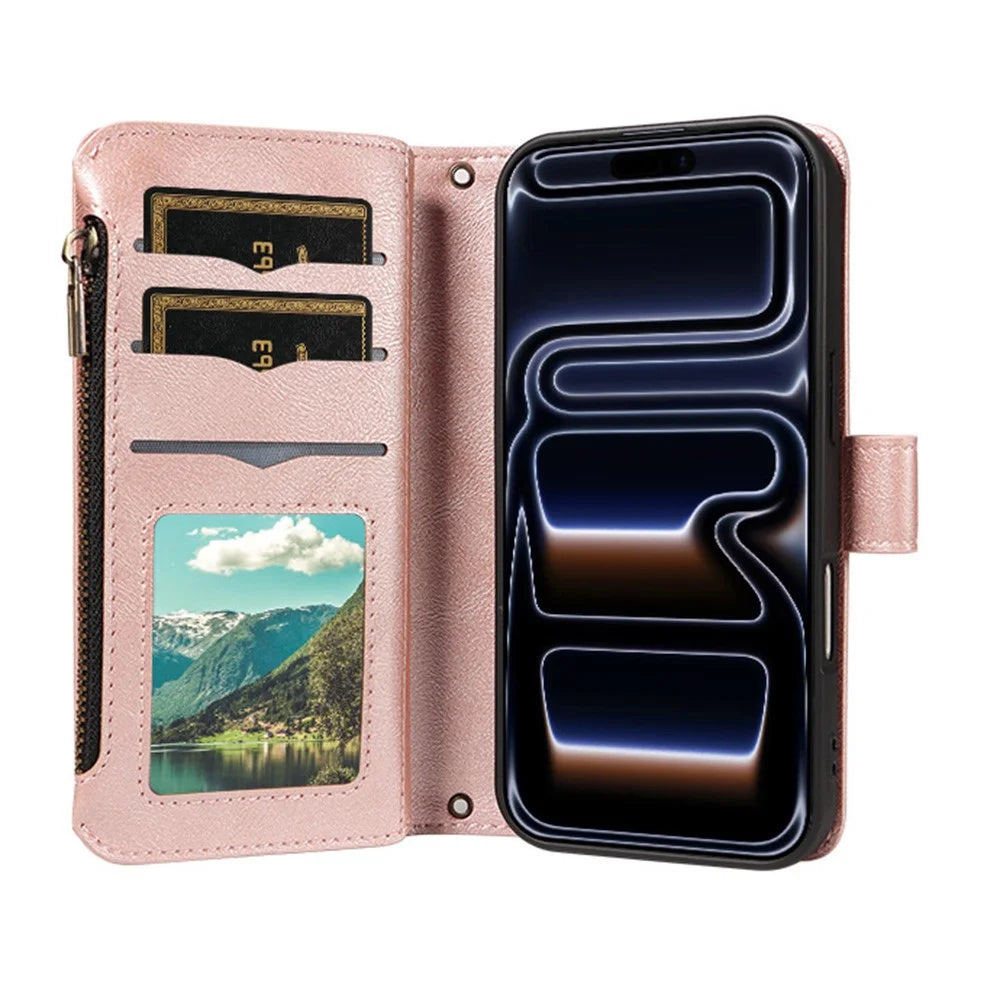 For iPhone 18 Pro Max / 17 Pro Max Wallet Case 9 Card Slots RFID Blocking Mandala Embossed Leather Flip Cover with Wrist Strap - Rose Gold - 3