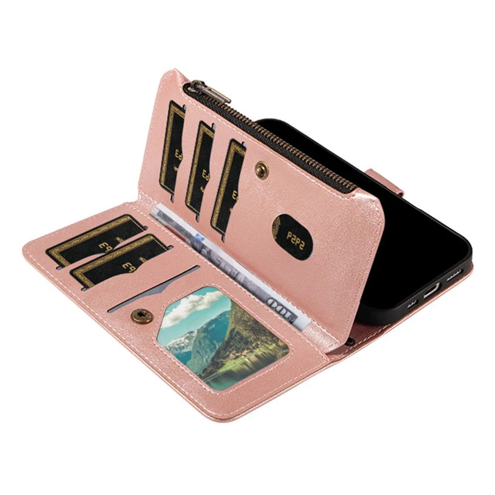 For iPhone 18 Pro Max / 17 Pro Max Wallet Case 9 Card Slots RFID Blocking Mandala Embossed Leather Flip Cover with Wrist Strap - Rose Gold - 5