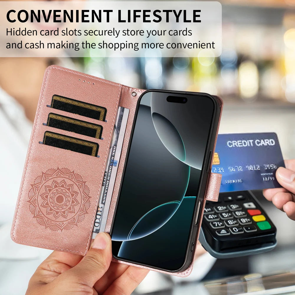 For Samsung Galaxy A27 5G Wallet Case Embossed Mandala Pattern PU Leather + TPU Cover with Wrist Strap - Rose Gold - 7