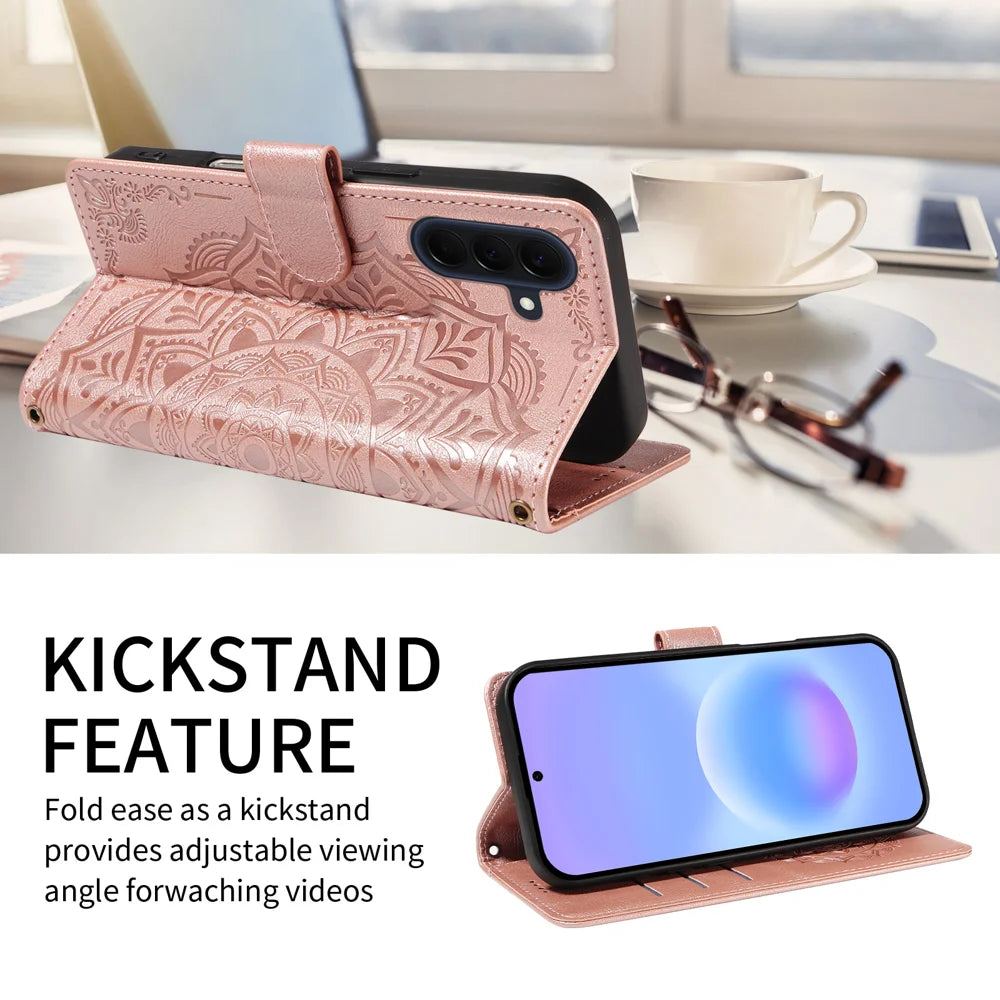 For Samsung Galaxy A57 5G Wallet Case Embossed Mandala Pattern PU Leather + TPU Cover with Wrist Strap - Rose Gold - 2