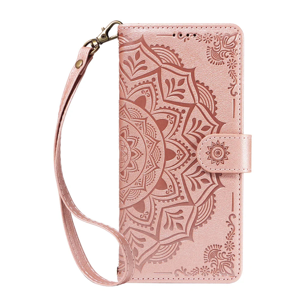 For Samsung Galaxy A57 5G Wallet Case Embossed Mandala Pattern PU Leather + TPU Cover with Wrist Strap - Rose Gold - 3