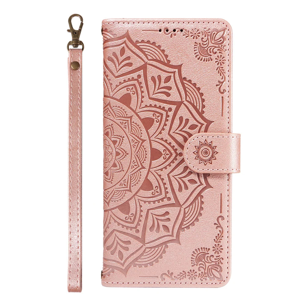 For Samsung Galaxy A57 5G Wallet Case Embossed Mandala Pattern PU Leather + TPU Cover with Wrist Strap - Rose Gold - 4