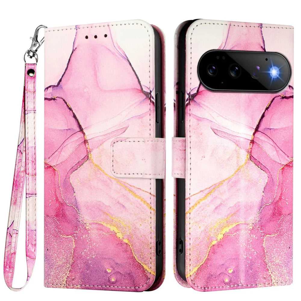 For Google Pixel 11 Pro / Pixel 11 Case with Strap Marble Pattern Leather Phone Cover Card Holder - Pink / Purple / Gold LS001 - 1