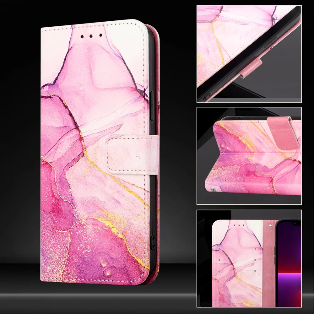 For Google Pixel 11 Pro / Pixel 11 Case with Strap Marble Pattern Leather Phone Cover Card Holder - Pink / Purple / Gold LS001 - 5