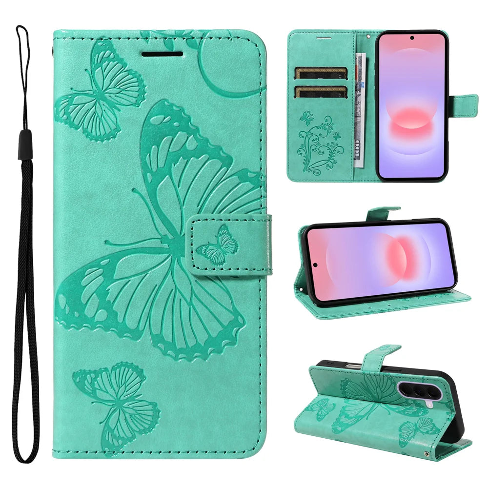 For Samsung Galaxy A27 5G Wallet Case Floral Butterfly Imprinted Leather Phone Cover Stand -  Green - 2
