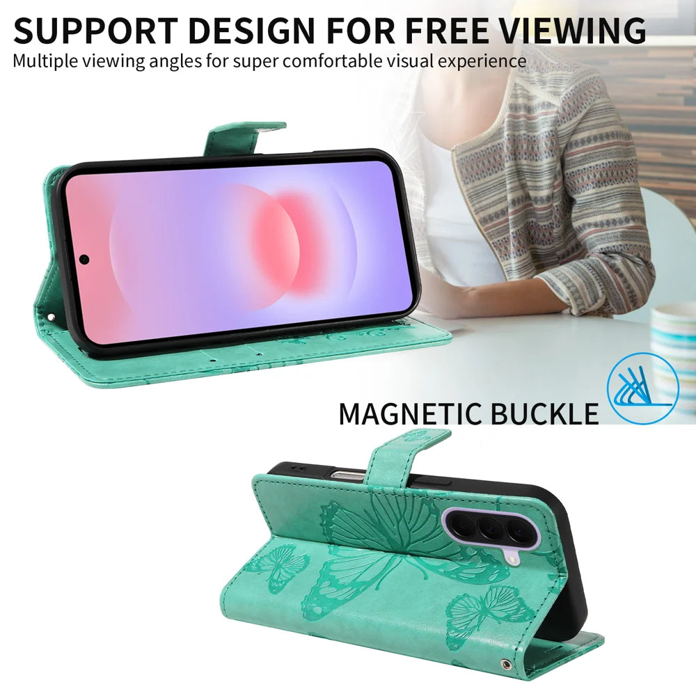 For Samsung Galaxy A27 5G Wallet Case Floral Butterfly Imprinted Leather Phone Cover Stand -  Green - 3