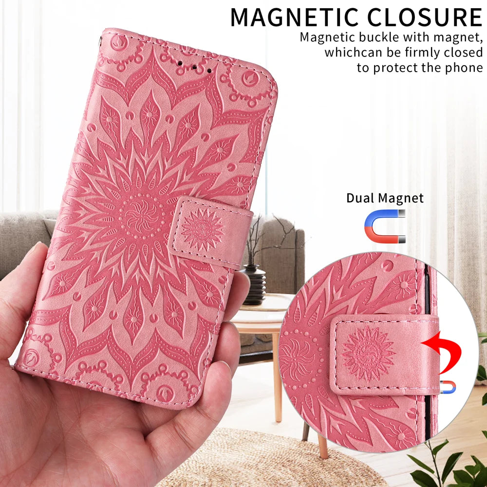 For Samsung Galaxy A27 5G Leather Wallet Case Sunflower Imprinted Phone Cover - Pink - 7