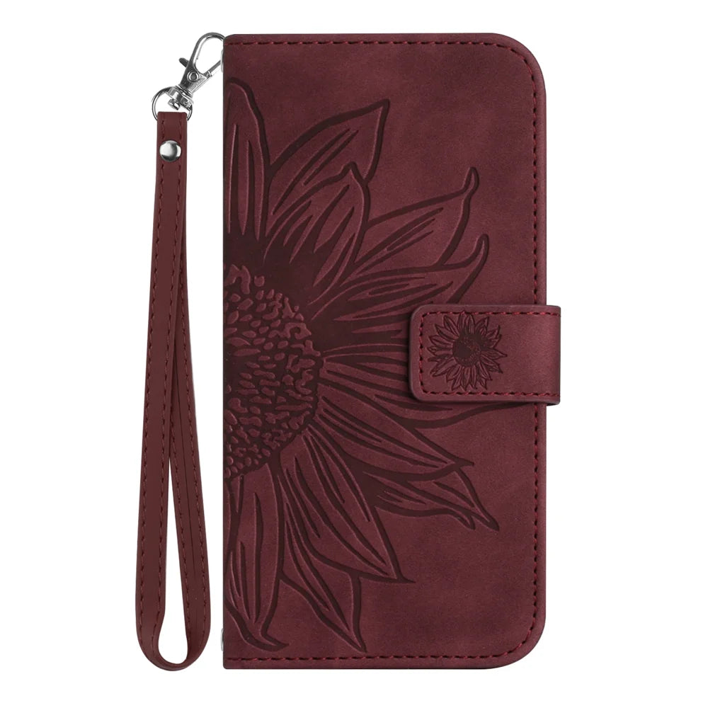 For OnePlus Nord 6 5G / Turbo 6V 5G / Turbo 6 5G  Case Sunflower Imprint Leather Wallet Phone Cover with Wrist Strap - Wine Red - 2