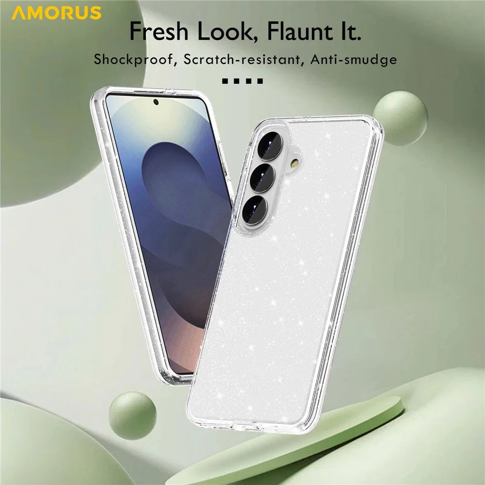 AMORUS For Samsung Galaxy S26 Case Soft TPU Hard PC Back Shockproof Phone Cover - Glitter White - 4