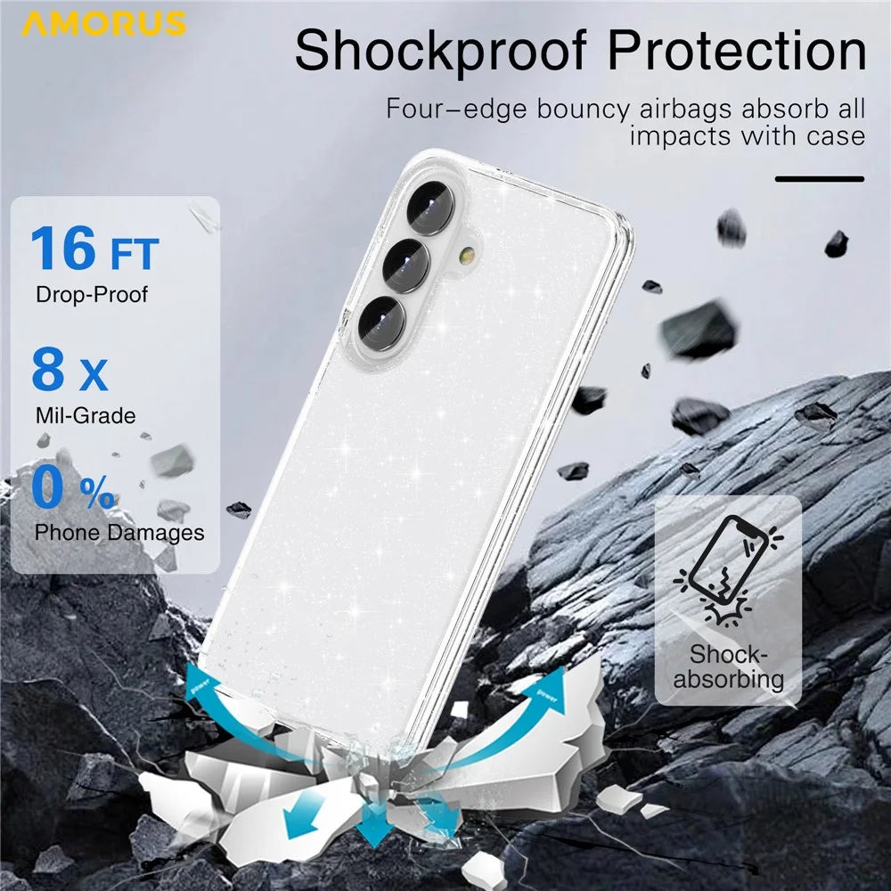 AMORUS For Samsung Galaxy S26 Case Soft TPU Hard PC Back Shockproof Phone Cover - Glitter White - 5
