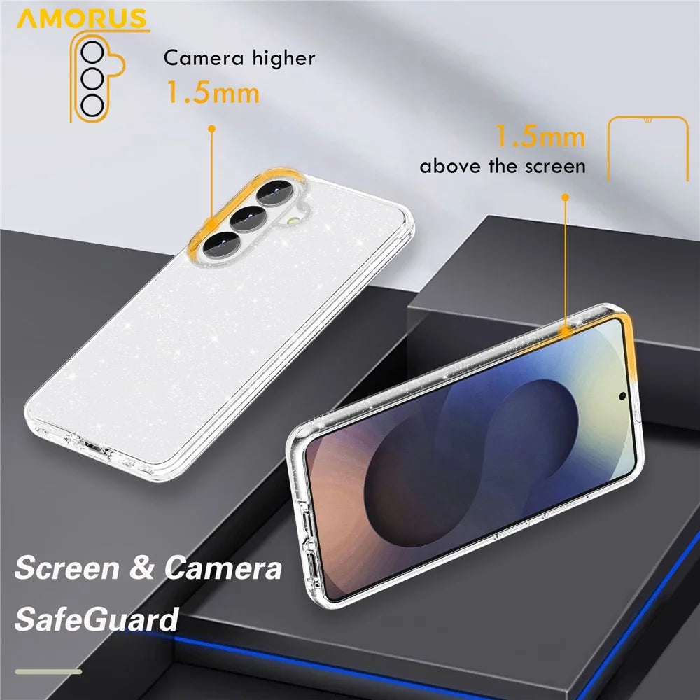 AMORUS For Samsung Galaxy S26 Case Soft TPU Hard PC Back Shockproof Phone Cover - Glitter White - 6