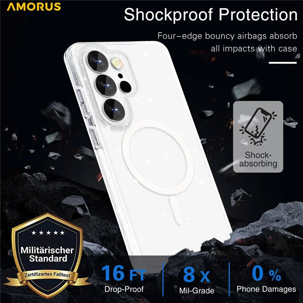 AMORUS For Samsung Galaxy S26 Ultra Magnetic Case Glitter Powder PC + TPU Phone Cover - Glitter White - 5