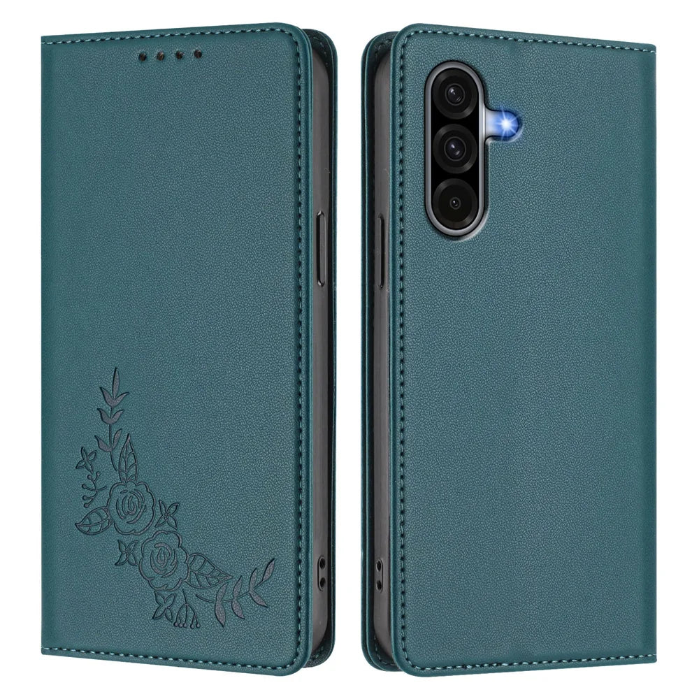 For Samsung Galaxy A18 5G / A18 4G / A17 5G / A17 4G / A26 5G Wallet Stand Case Peony Flower Pattern TPU PU Leather Flip Cover - Green - 1