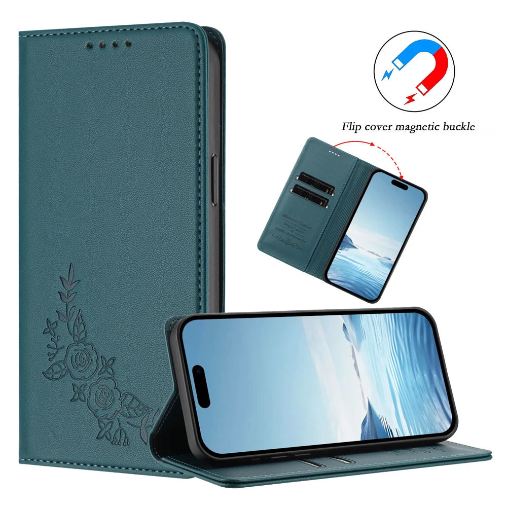 For Samsung Galaxy A18 5G / A18 4G / A17 5G / A17 4G / A26 5G Wallet Stand Case Peony Flower Pattern TPU PU Leather Flip Cover - Green - 5