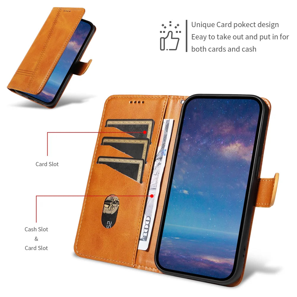 For Samsung Galaxy A27 5G Wallet Case T-Shape Lines Leather Phone Cover Stand - Brown - 6