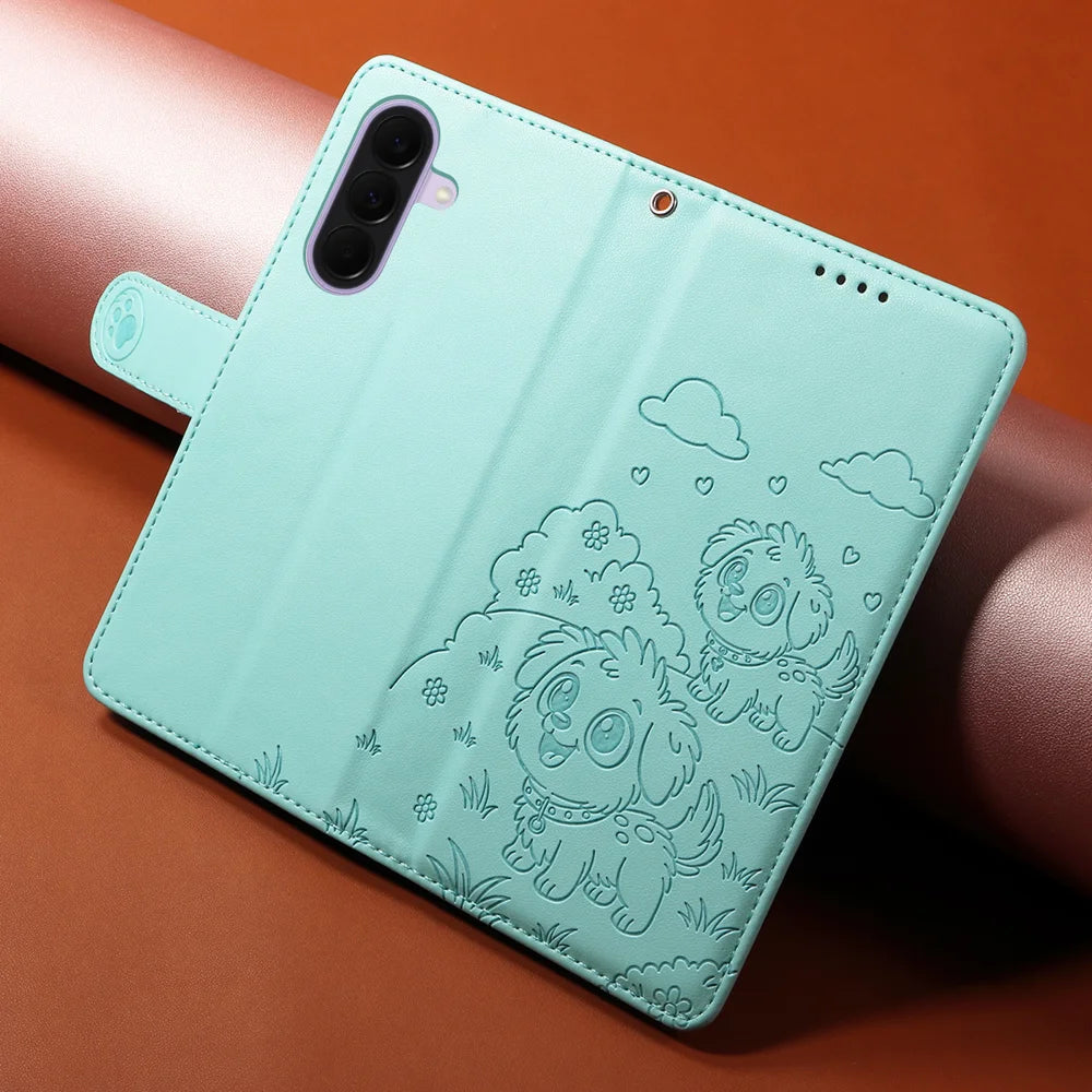For Samsung Galaxy A27 5G Case RFID Blocking Imprinted Dog Pattern PU Leather Phone Cover with Wrist Strap - Green - 4