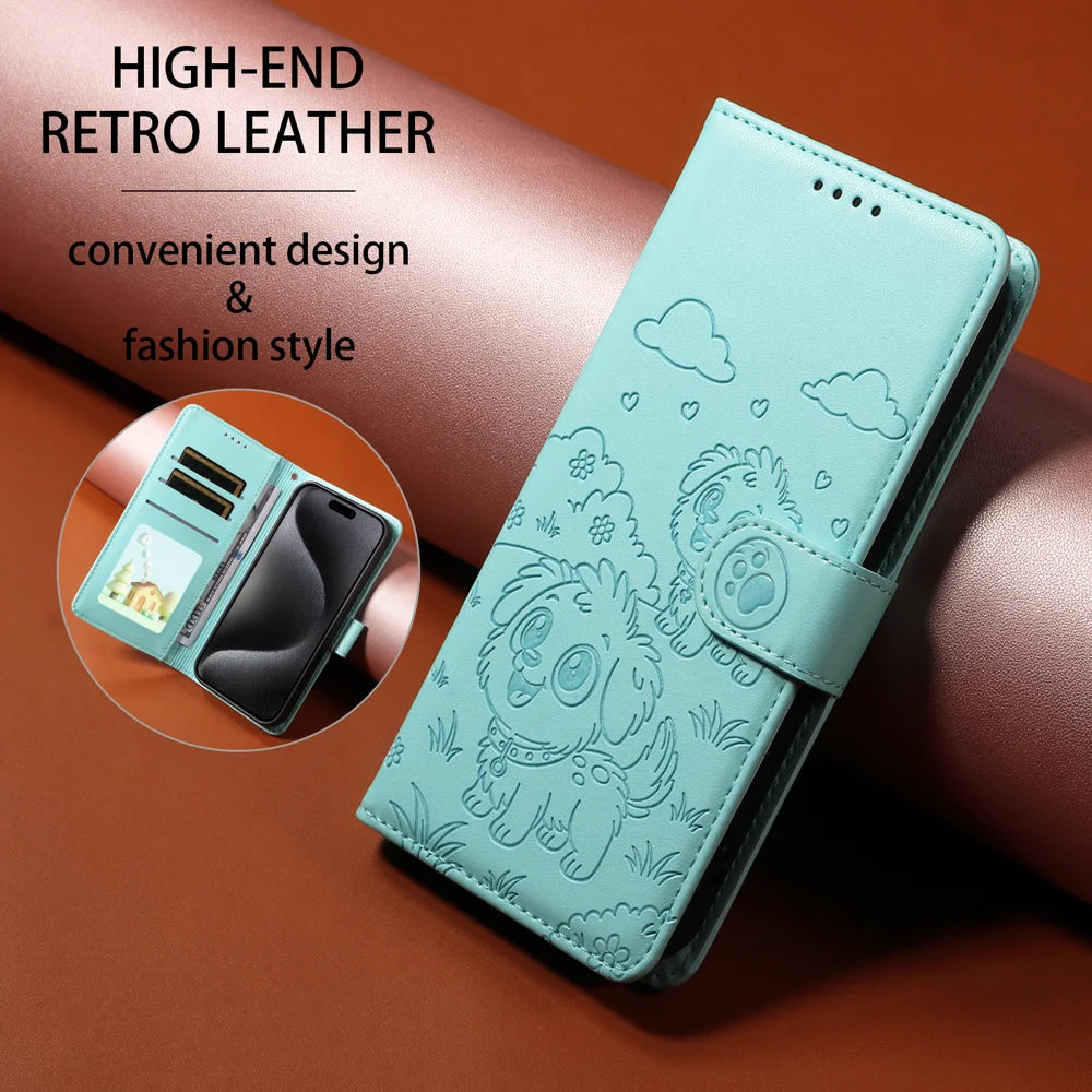 For Samsung Galaxy A27 5G Case RFID Blocking Imprinted Dog Pattern PU Leather Phone Cover with Wrist Strap - Green - 7