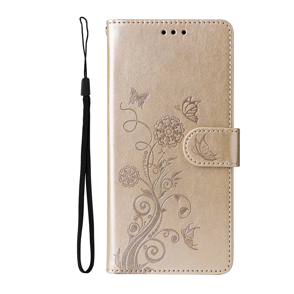 For Samsung Galaxy A27 5G Leather Case Butterfly Floral Imprint Wallet Stand Cover - Golden - 3