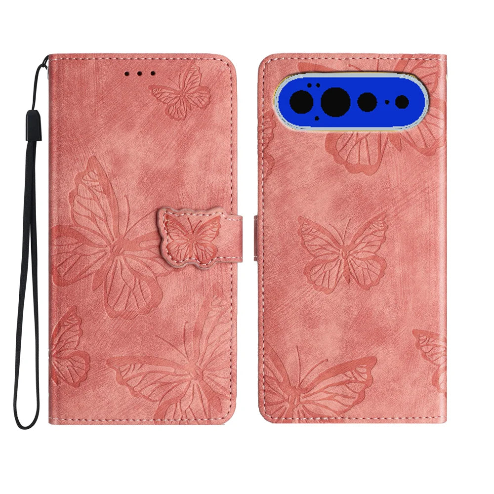 For Google Pixel 11 Pro XL Case Butterfly Design Flip Wallet Leather Phone Cover Skin-Touch - Pink - 1