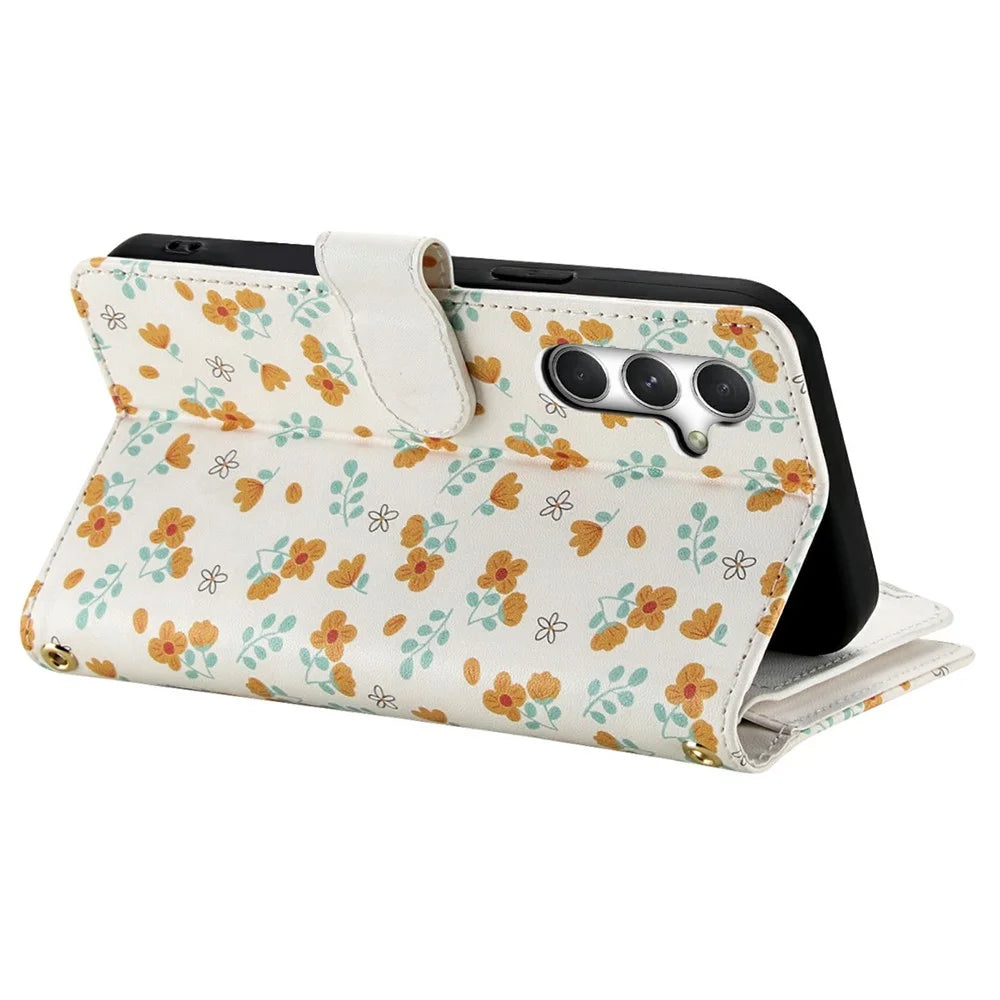 Leather Case For Samsung Galaxy A16 5G  /  4G Rhombic Floral Pattern Zipper Wallet Phone Cover with Wrist Strap   /   Shoulder Strap - A3 - 5
