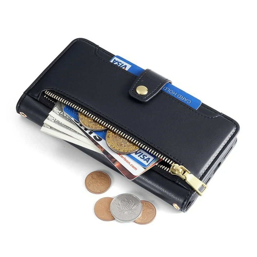 For vivo Y05 4G Leather Case Zipper Pocket Wallet Phone Cover with 2 Straps - Black - 6