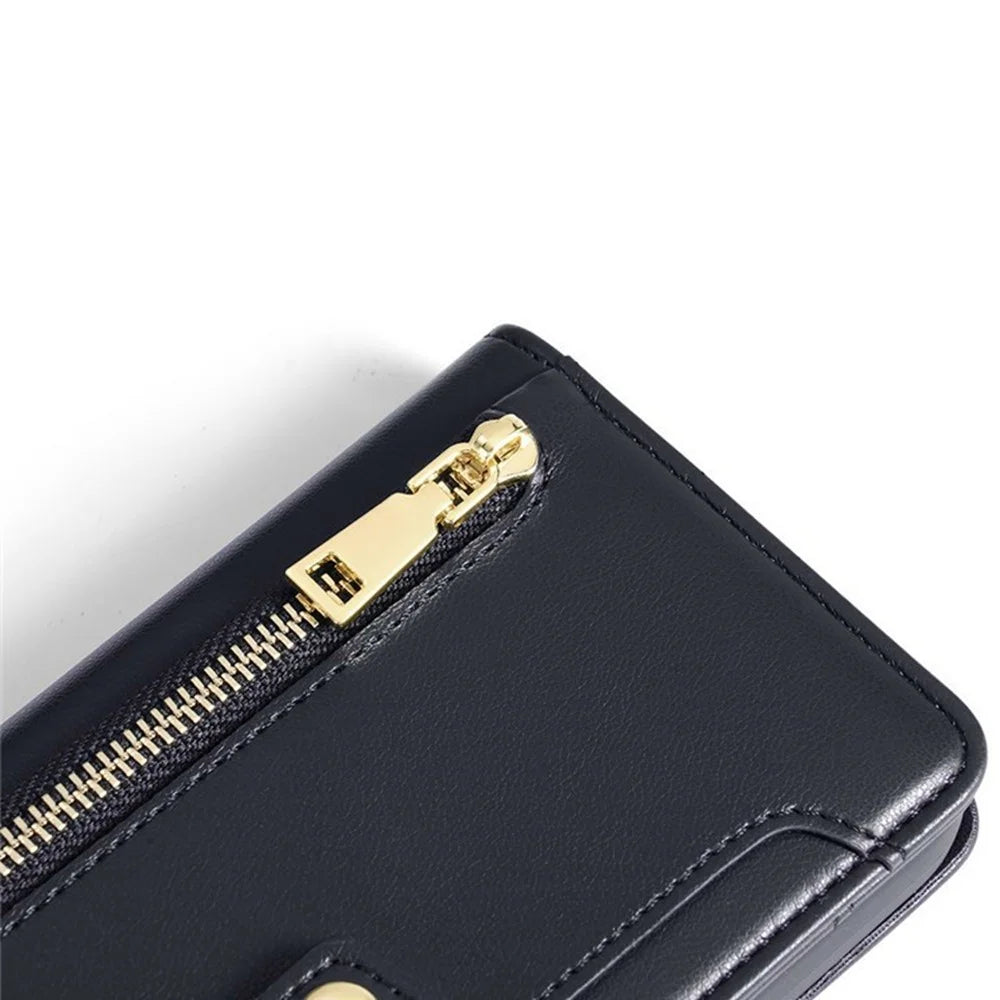 For vivo Y05 4G Leather Case Zipper Pocket Wallet Phone Cover with 2 Straps - Black - 7