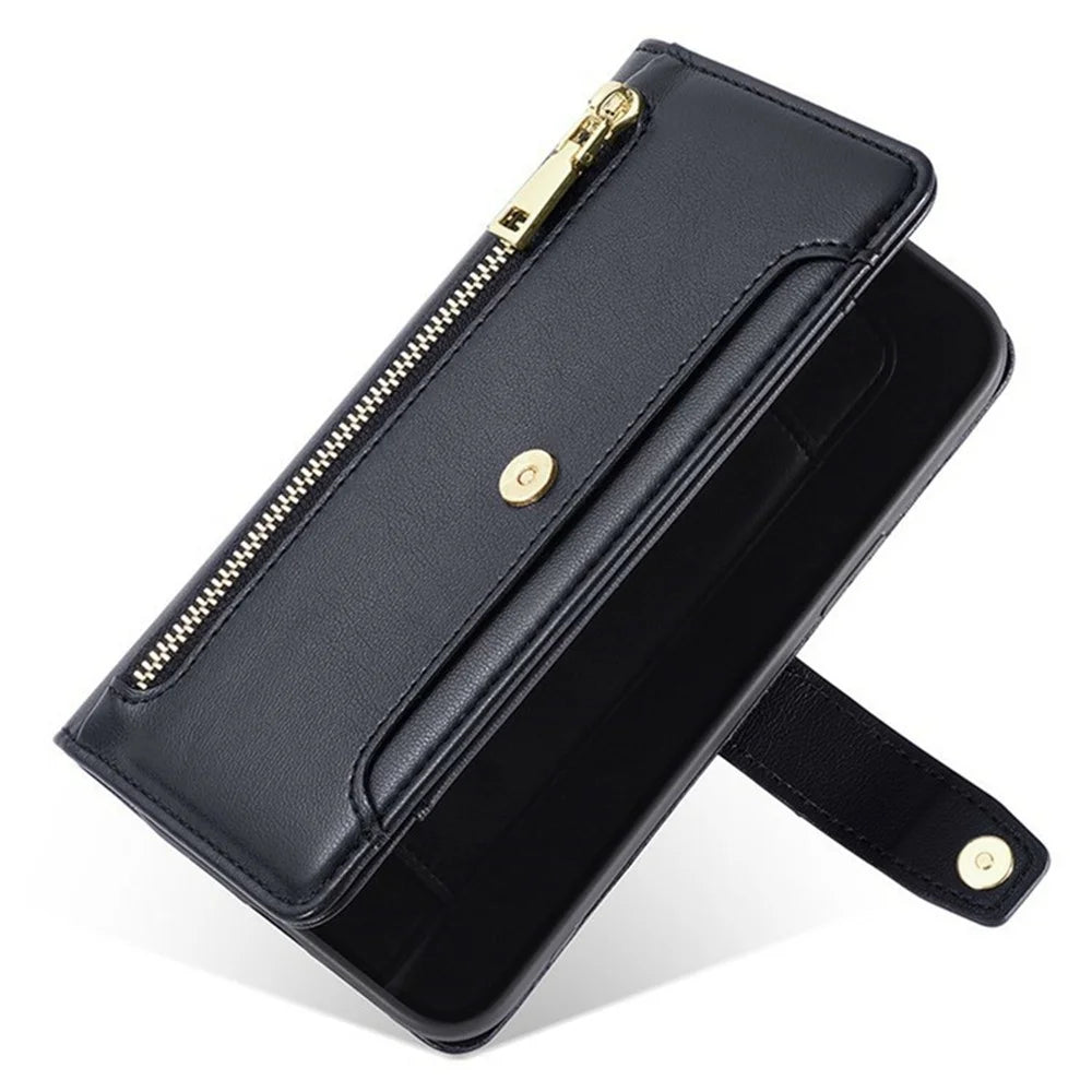 For vivo V70 FE 5G Leather Case Zipper Pocket Wallet Phone Cover with 2 Straps - Black - 5