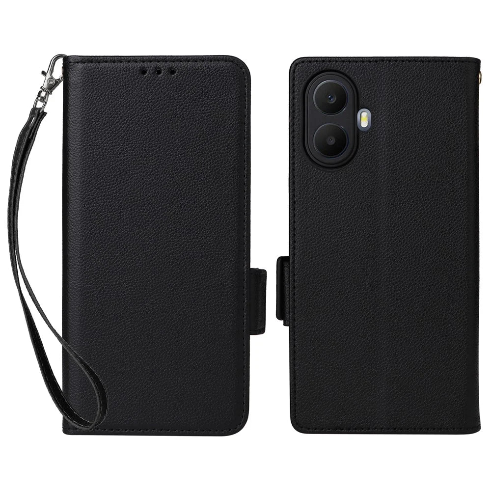For TCL K70 5G Case Litchi Texture Wallet Leather Phone Cover with Wrist Strap - Black - 1
