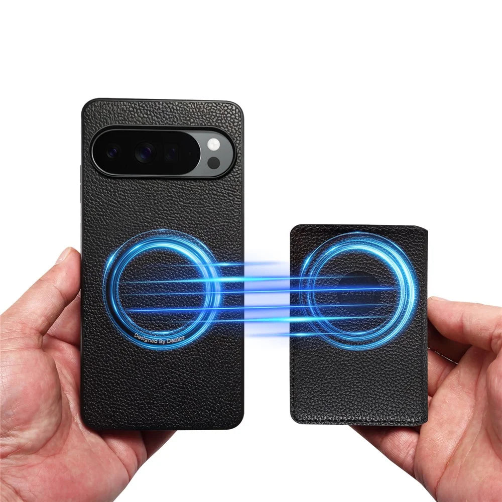 DENIOR D30 For Google Pixel 10 / 10 Pro Magnetic Case Detachable Card Holder Kickstand Litchi Texture Leather Back Phone Cover - Black - 5