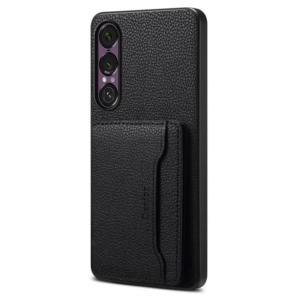 DENIOR D30 For Sony Xperia 1 VII Magnetic Case Detachable Card Holder Kickstand Litchi Texture Leather Back Phone Cover - Black - 1