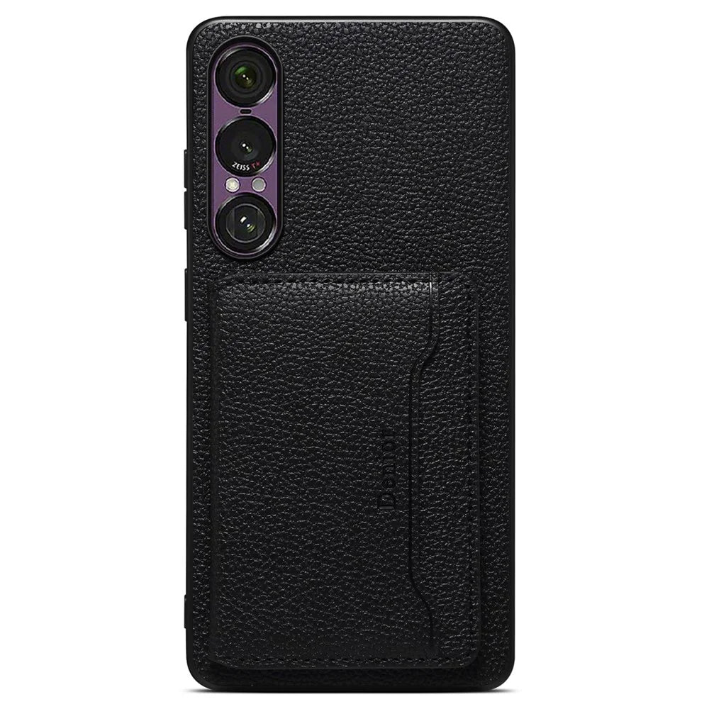 DENIOR D30 For Sony Xperia 1 VII Magnetic Case Detachable Card Holder Kickstand Litchi Texture Leather Back Phone Cover - Black - 2