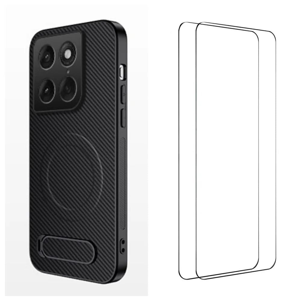 WANLONFENG for Motorola Edge 70 Fusion+ 5G / Motorola Edge 70 Fusion 5G QT1 Series Magnetic Case with 2Pcs Tempered Glass Films Kickstand Carbon Fiber Texture PC TPU Phone Cover - Black - 1