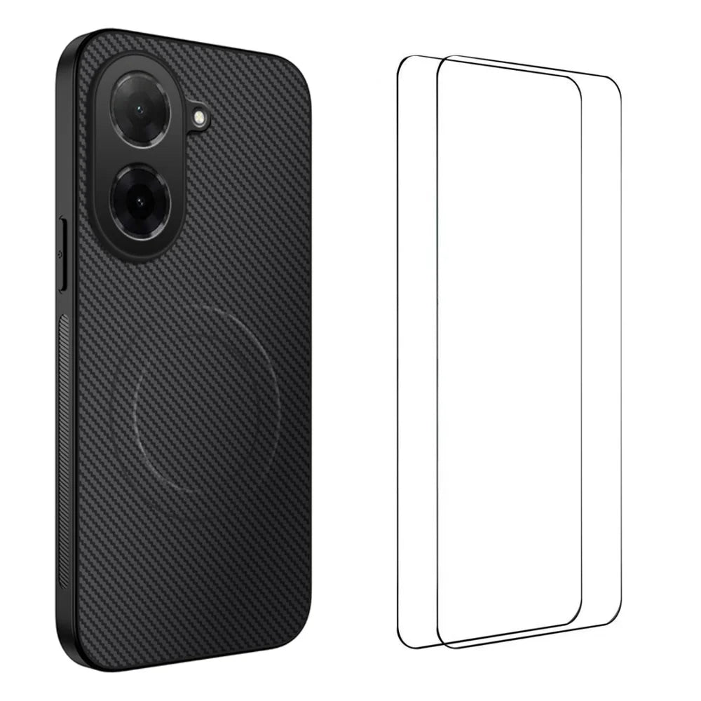 WANLONFENG for Xiaomi Redmi A5 NFC (EU) (173.45mm) TQ1 Series Magnetic Case Carbon Fiber Texture PC TPU Phone Cover with 2Pcs Screen Films - Black - 1