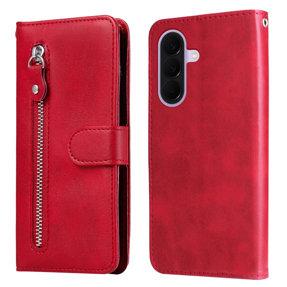 For Samsung Galaxy A27 5G PU Leather Cases with Zipper Pocket Wallet Phone Cover Stand - Red - 1